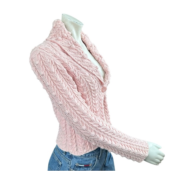 Y2K DKNY Baby Pink Popcorn Chunky Knit Collared Single Button Cardigan Small - Picture 4 of 7